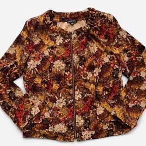Vintage Notations Autumn Fall Warm Tones Floral Print Zippered Jacket Shacket